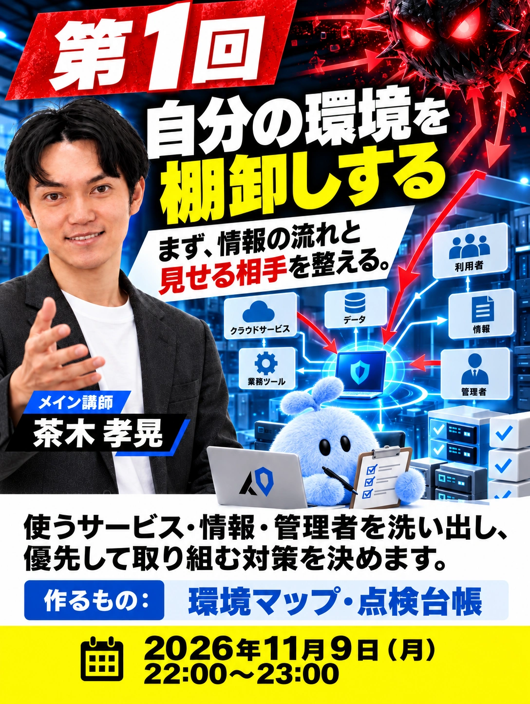 第1回 自分の環境を棚卸しする まず、情報の流れと 見せる相手を整える。 メイン講師　茶木 孝晃 2026年11月9日（月） 22:00〜23:00 使うサービス・情報・管理者を洗い出し、 優先して取り組む対策を決めます。 作るもの：環境マップ・点検台帳