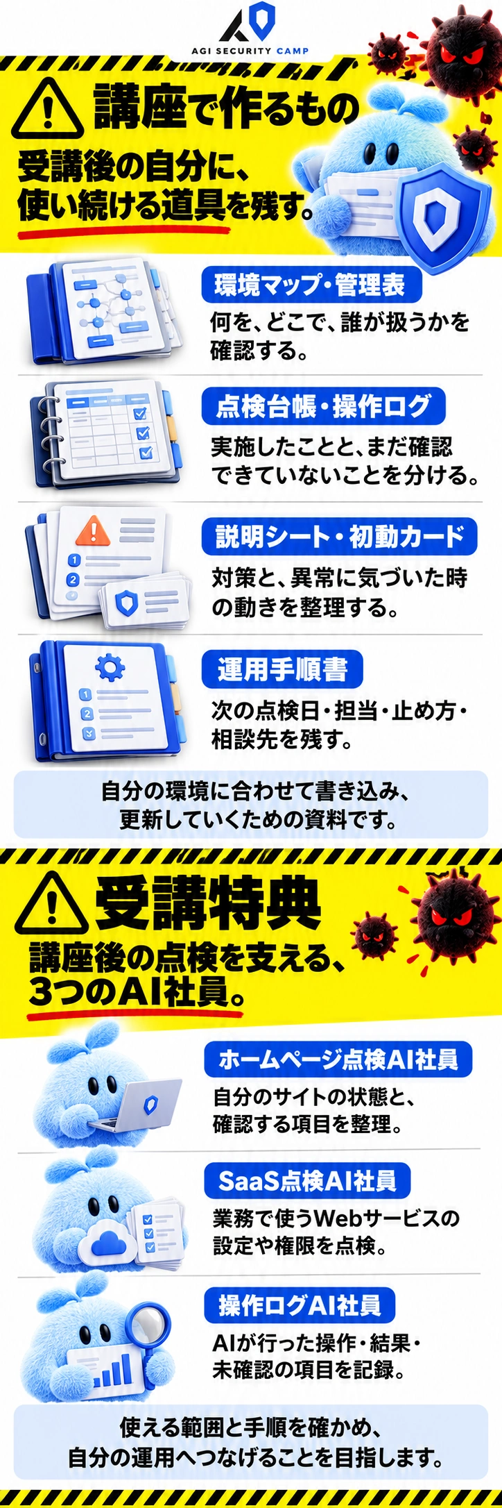 講座で作るもの 受講後の自分に、 使い続ける道具を残す。 環境マップ・管理表 何を、どこで、誰が扱うかを確認する。 点検台帳・操作ログ 実施したことと、まだ確認できていないことを分ける。 説明シート・初動カード 対策と、異常に気づいた時の動きを整理する。 運用手順書 次の点検日・担当・止め方・相談先を残す。 自分の環境に合わせて書き込み、更新していくための資料です。  受講特典 講座後の点検を支える、 3つのAI社員。 ホームページ点検AI社員 自分のサイトの状態と、確認する項目を整理。 SaaS点検AI社員 業務で使うWebサービスの設定や権限を点検。 操作ログAI社員 AIが行った操作・結果・未確認の項目を記録。 使える範囲と手順を確かめ、 自分の運用へつなげることを目指します。